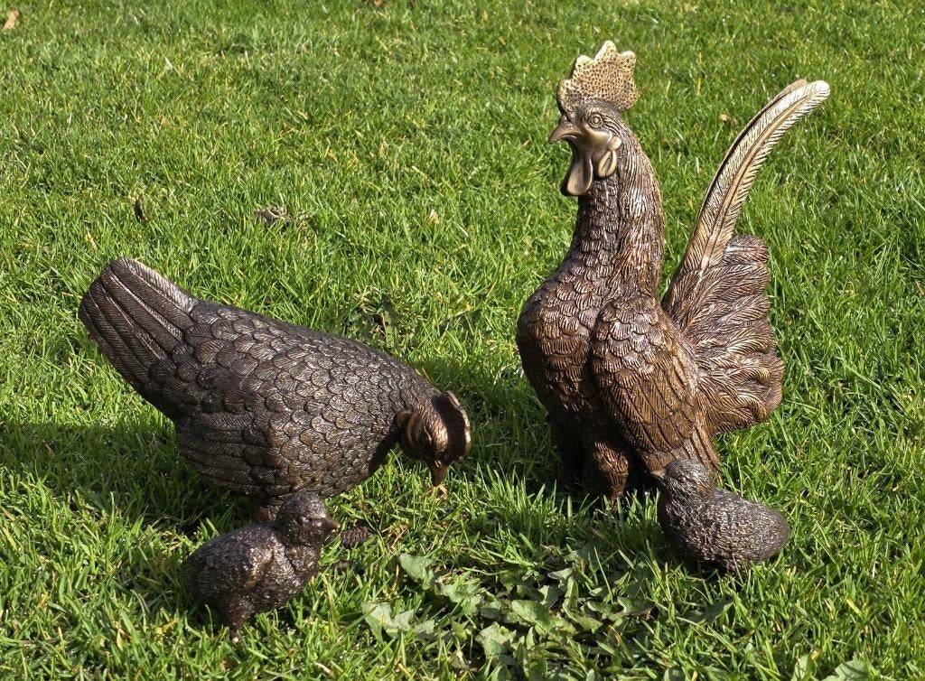 HAAN EN HEN MET 2 KUIKENS / BRONS / TUINBEELD/SETPRIJS /kip