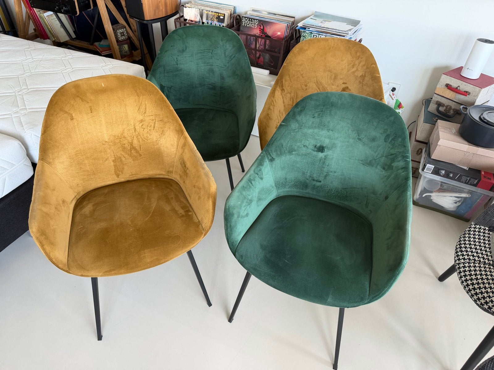 Set van 4 fluwelen eetkamerstoelen - Groen en Okergeel