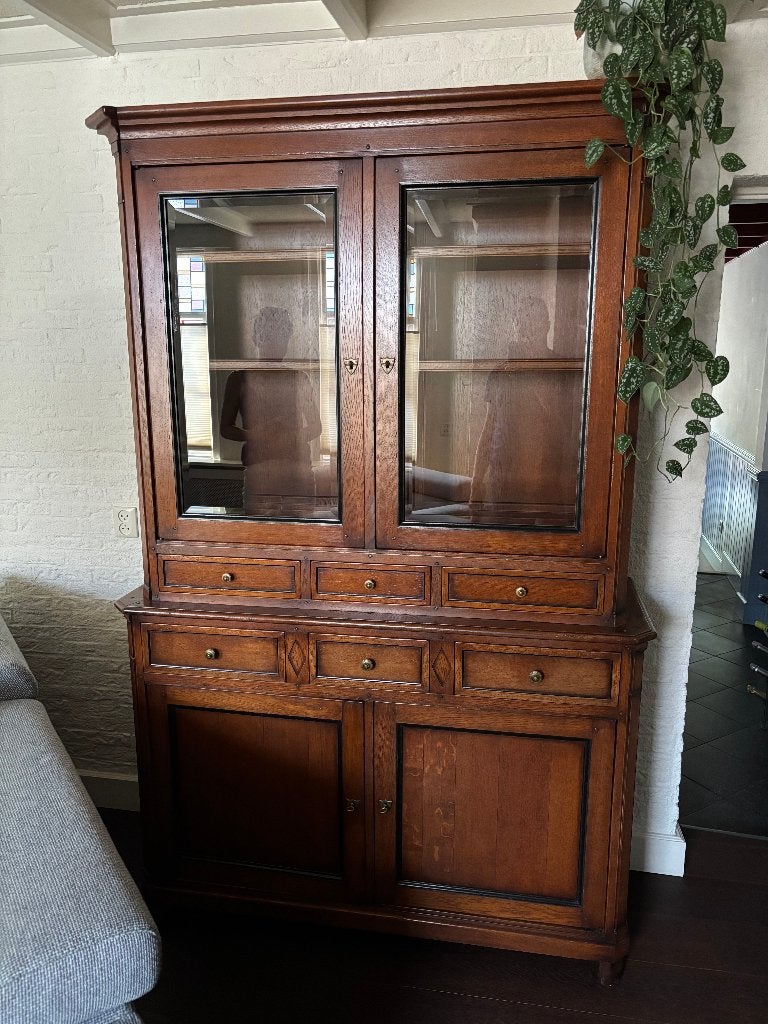 Massief houten vitrinekast / buffetkast – 209 cm hoog, Huis en Inrichting, Ophalen, Gebruikt, 100 tot 150 cm, 200 cm of meer