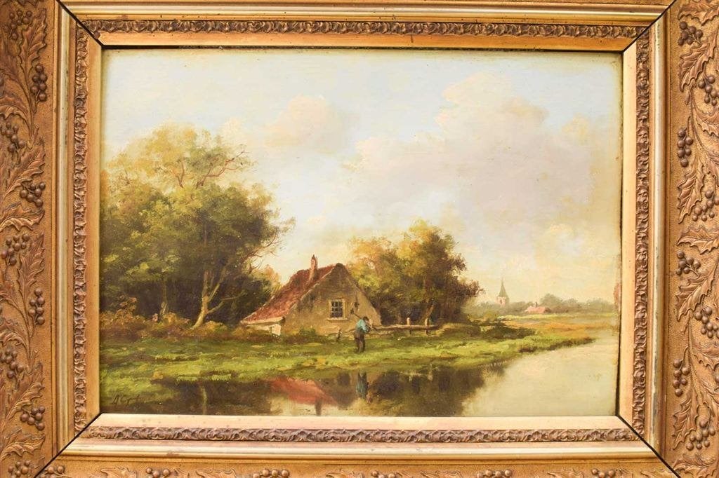Schilderij van een boerderij met een boer 48398, Ophalen of Verzenden, Gebruikt, Schilderij