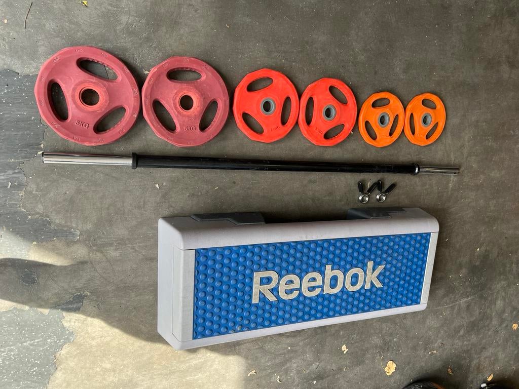 Reebok step en halter stang met gewichten, Gebruikt, Ophalen of Verzenden, Bodypump set, Reebok