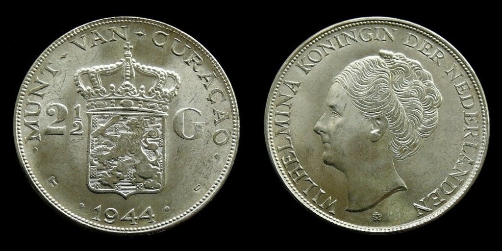 Curacao 2,5 Gulden 1944 UNC Oplage 140.000 ! Mooi Exemplaar, Verzenden, Koningin Wilhelmina, 1 gulden, Zilver