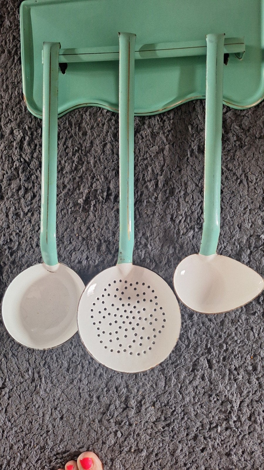 Vintage emaille lepelrekje met 3 lepels - mintgroen, Antiek en Kunst, Antiek | Emaille, Ophalen of Verzenden