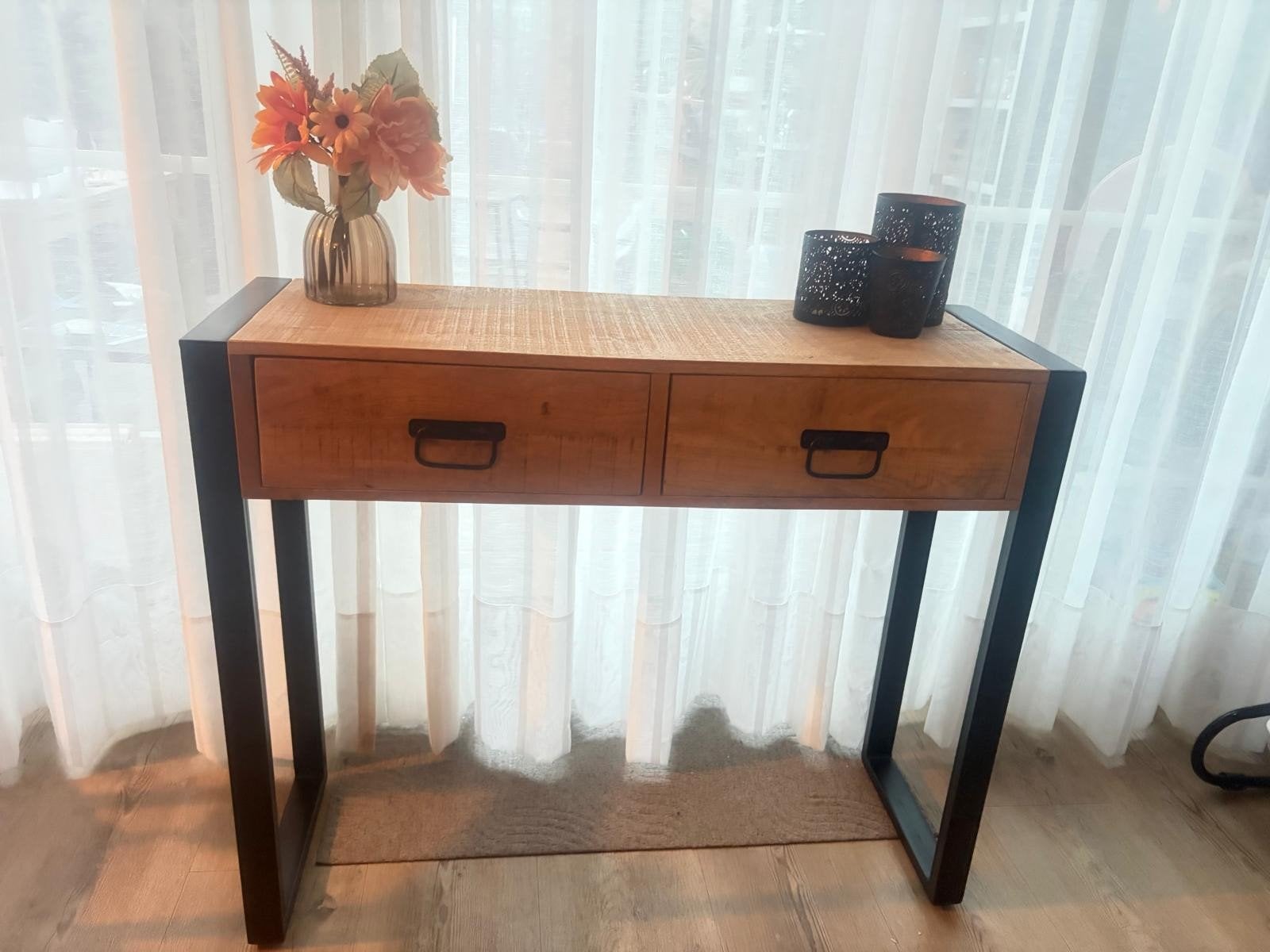 Industriële mango sidetable met 2 lades - Hout en Metaal, Ophalen, Zo goed als nieuw, 75 cm of meer, Rechthoekig