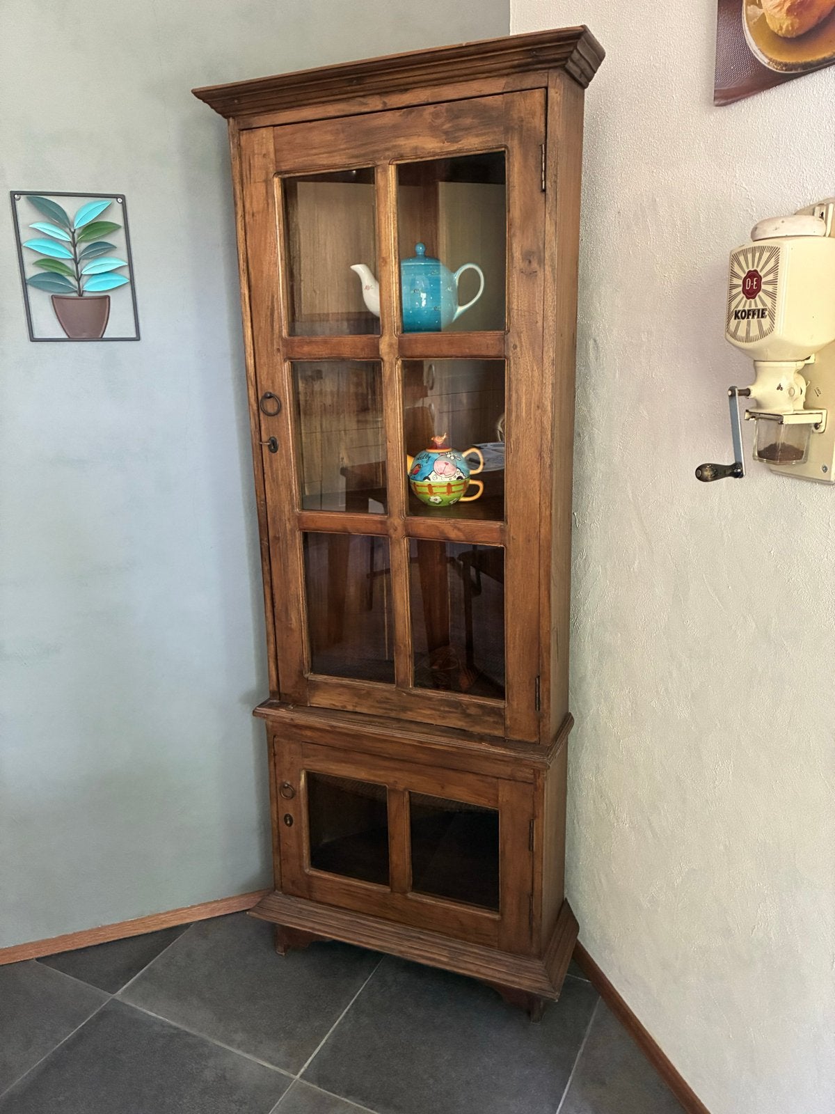 Teakhouten hoekkast met glazen deuren - 175x68 cm, Ophalen