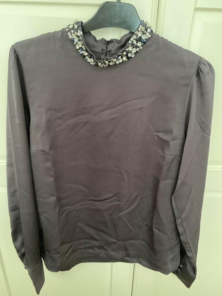 Grijze blouse, Zilveren steentjes H&M, Ophalen of Verzenden, Gedragen, Maat 38/40 (M), Grijs