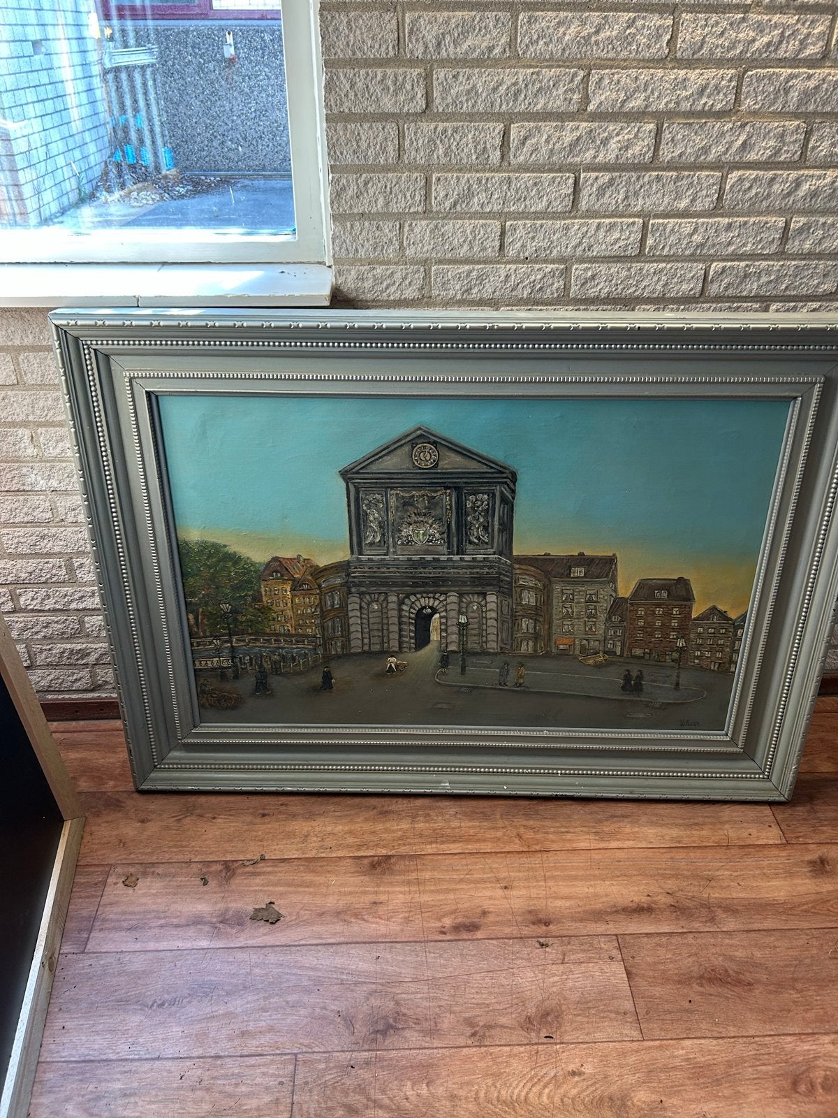 Schilderij W. Visser - Stadsgezicht in houten lijst, Ophalen