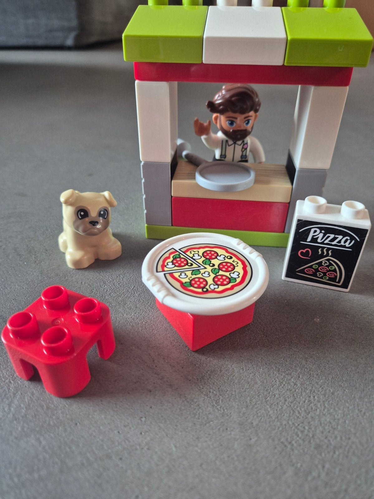 LEGO Duplo Pizzakraam met figuur en hondje, Kinderen en Baby's, Speelgoed | Bouwstenen, Gebruikt, Overige merken, Ophalen of Verzenden