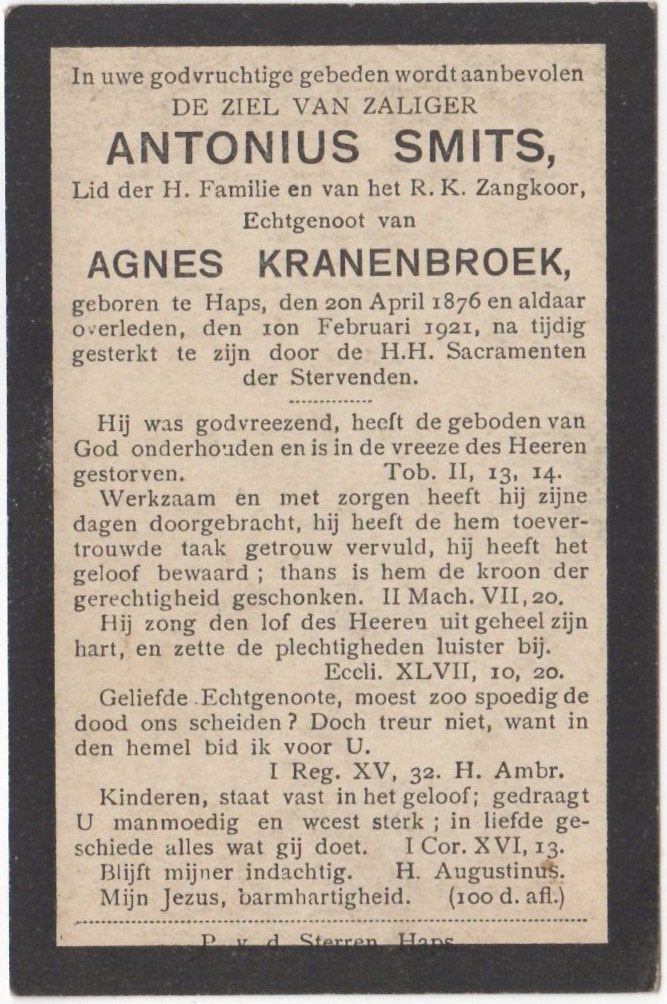 Antonius Smits 1876 Haps + 1921 Haps, 44 jaar oud, Ophalen of Verzenden