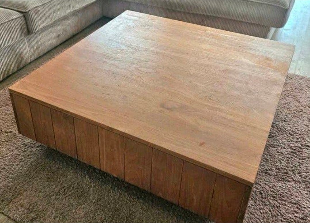 Grote vierkante teakhouten salontafel met lades, Huis en Inrichting, Ophalen, Gebruikt, Modern, Industrieel, Vierkant