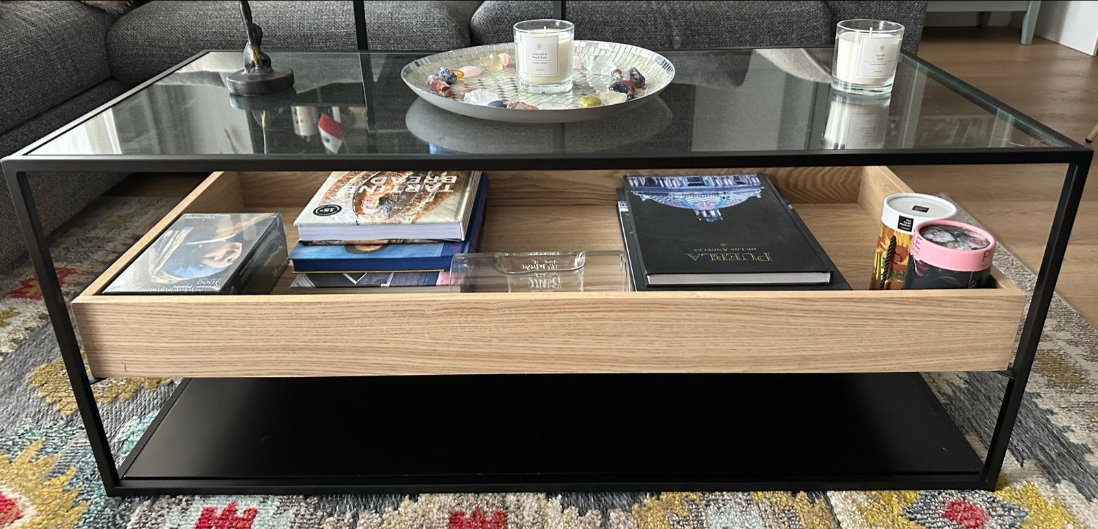 Salontafel Maisons du Monde - Zwart metaal, glas en hout, Ophalen, 100 tot 150 cm, 50 tot 100 cm, Zo goed als nieuw
