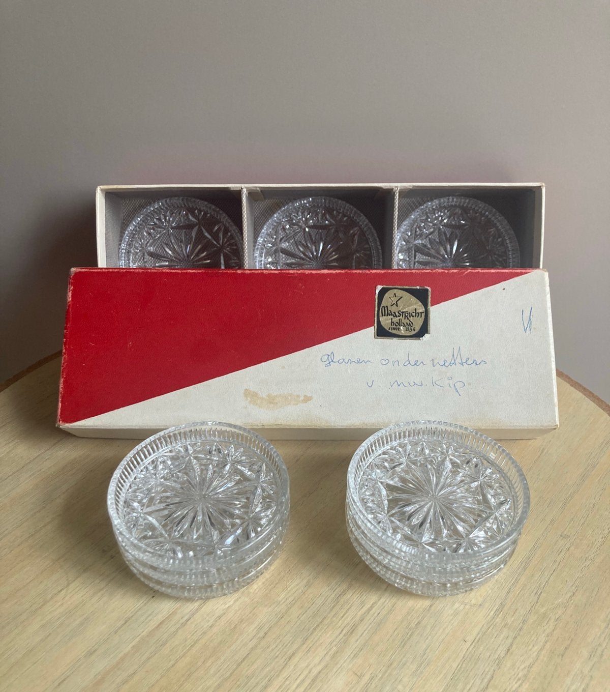 9 Vintage Maastricht Kristalunie onderzetters – set van 9 –, Antiek en Kunst, Antiek | Glas en Kristal, Ophalen of Verzenden