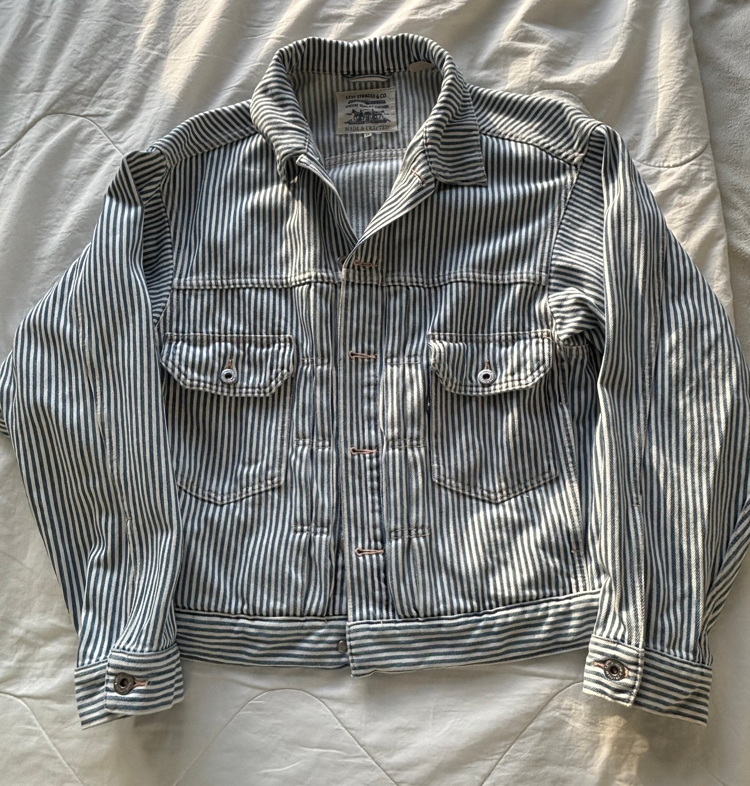 Levi’s Made & Crafted Hickory Stripe Denim Trucker Jacket, Ophalen of Verzenden, Zo goed als nieuw, Maat 46 (S) of kleiner, Blauw