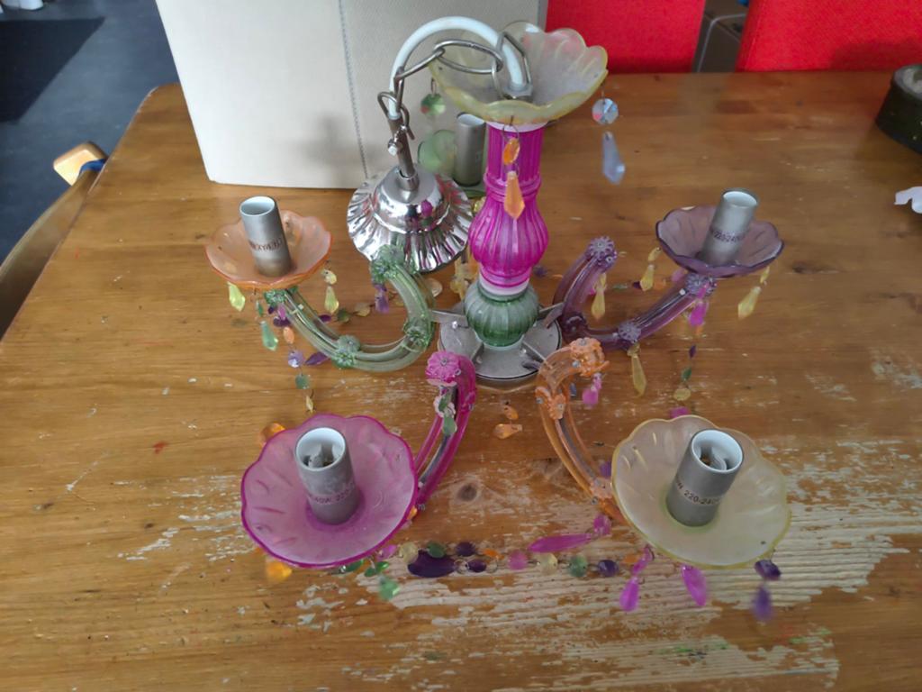 Kleurrijke kroonluchter met 5 armen, Gebruikt, Glas, Minder dan 25 cm, Minder dan 100 cm