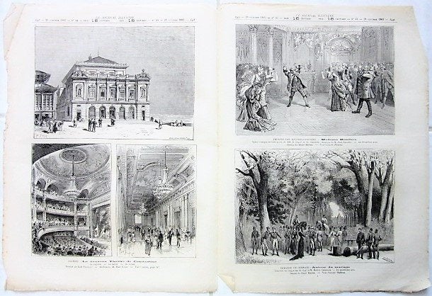 7 19e eeuwse tekeningen gravures - franse kranten - theater, Ophalen of Verzenden, Minder dan 50 cm, Schilderij