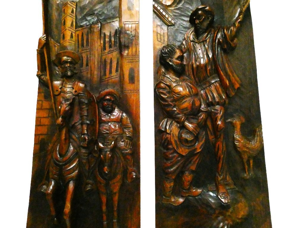 Don Quichot paard en Sancho Panza ezel houtgesneden paneel, Houtsnijwerk, Handgemaakt, Hout, Bruin