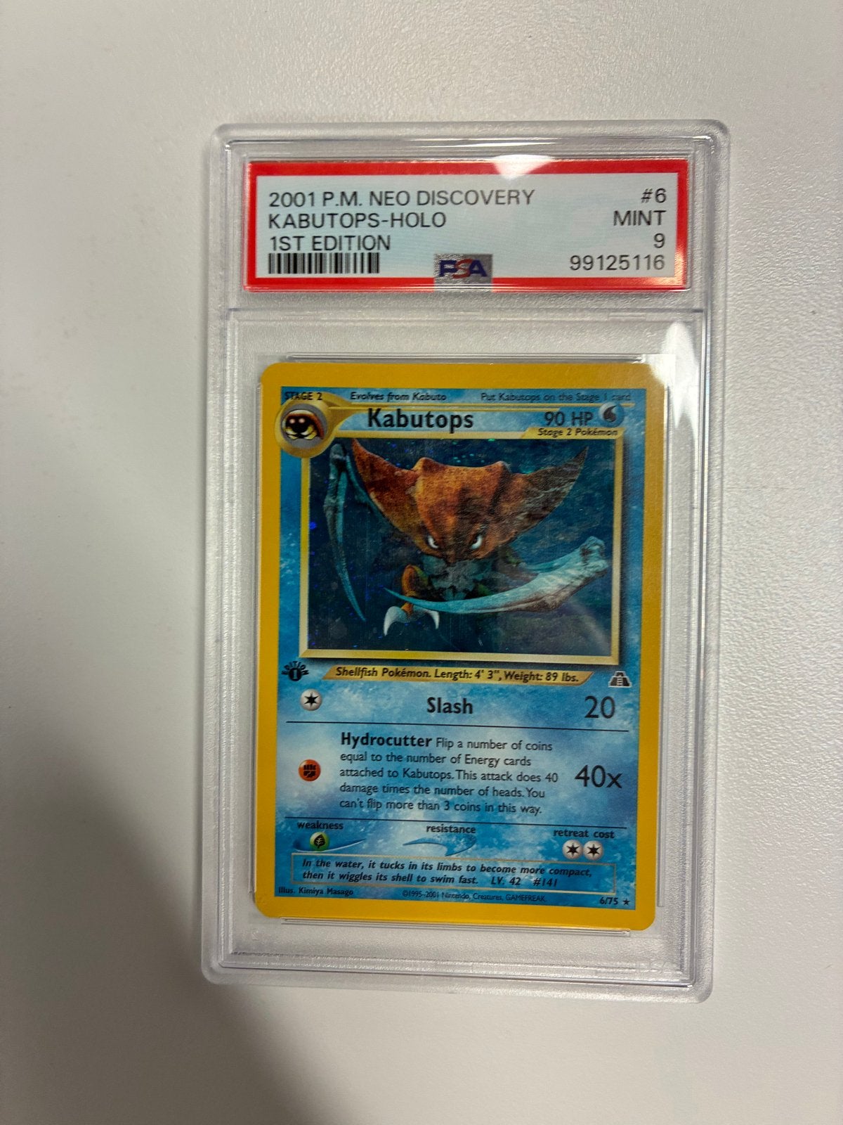 Kabutops-Holo #6 1st Edition PSA 9 2001 Neo Discovery, Ophalen of Verzenden, Zo goed als nieuw, Losse kaart