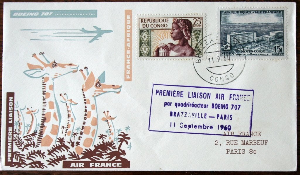 Air France, 1e Liaison, Brazzaville- Paris (1960) Boeing 707, Ophalen of Verzenden, Zo goed als nieuw, Kaart, Foto of Prent