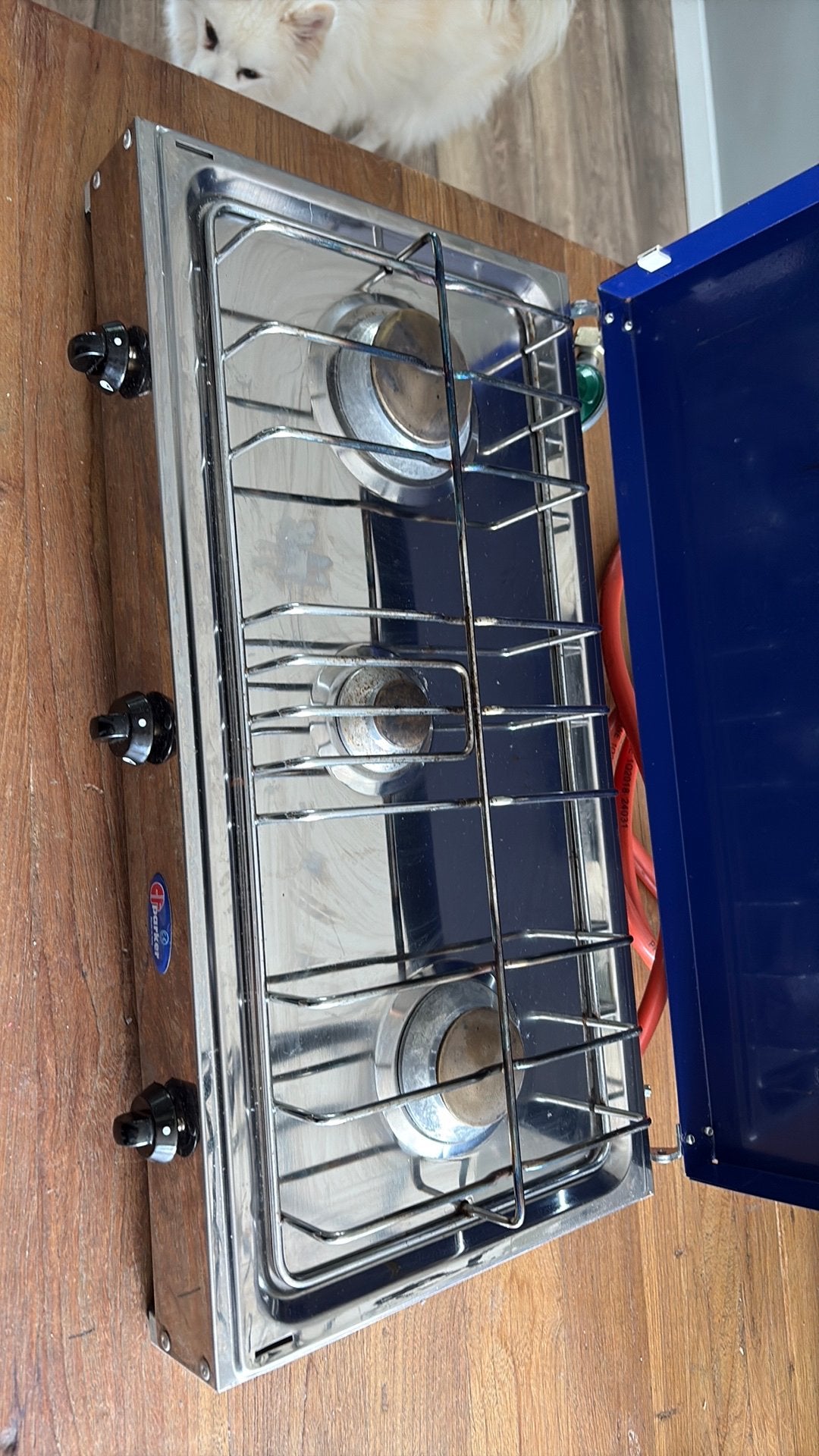 Parker 3pits kookstel incl. Gasslang, Caravans en Kamperen, Kampeeraccessoires, Ophalen, Zo goed als nieuw