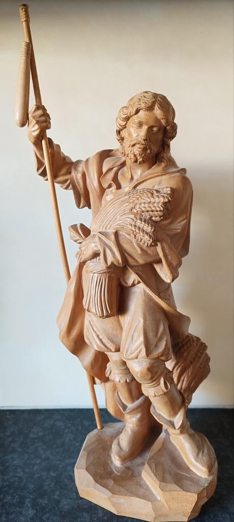 Heilige Isidorus Houten Beeld - Religieuze Kunst, Ophalen of Verzenden, Handgemaakt, 20 - 50 cm, Beeld