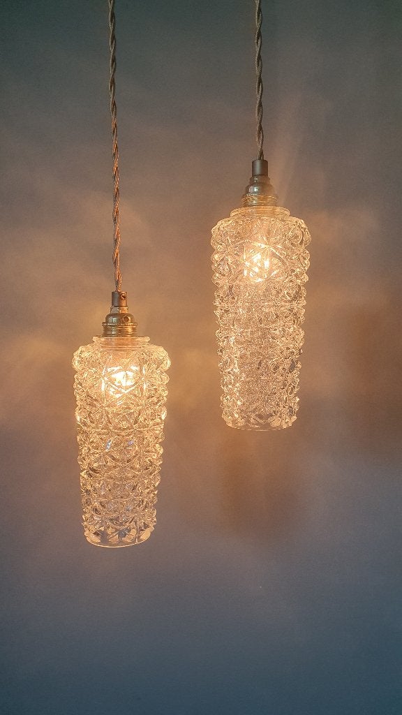Set Vintage hanglampen glas textuur - midcentury design., E14 (klein), Ophalen of Verzenden, Zo goed als nieuw, Glas