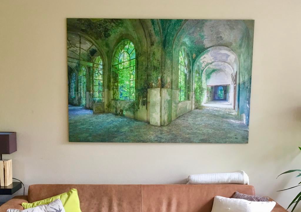 GROTE “poster” oud gebouw aluminium 1 meter 50 bij 1 m GROEN, Huis en Inrichting, Ophalen, Gebruikt, 125 cm of meer, Foto of Poster