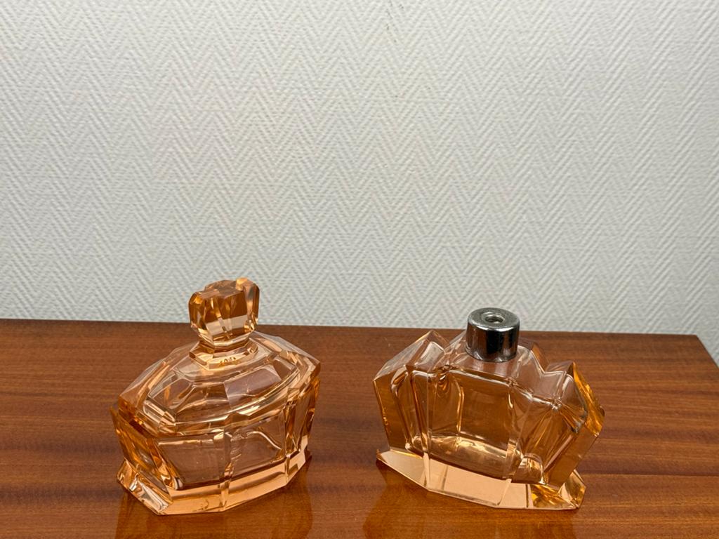 Vintage Art Deco Roze Glazen Parfumflesjes Set, Antiek en Kunst, Ophalen of Verzenden