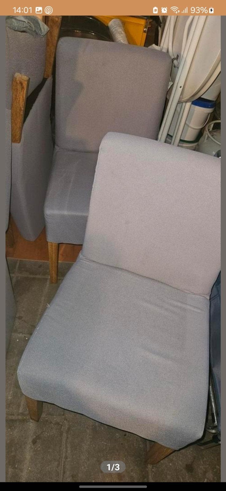 6 Grijze stoelen met 6 stoffen bekleding, Hout, Gebruikt, Twee, Ophalen of Verzenden