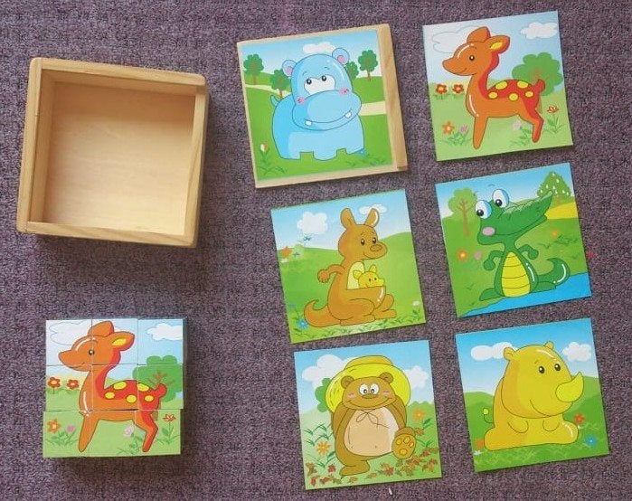 houten blokjes puzzel dieren in doosje, Kinderen en Baby's, Speelgoed | Houten speelgoed, Zo goed als nieuw, Overige typen, Ophalen