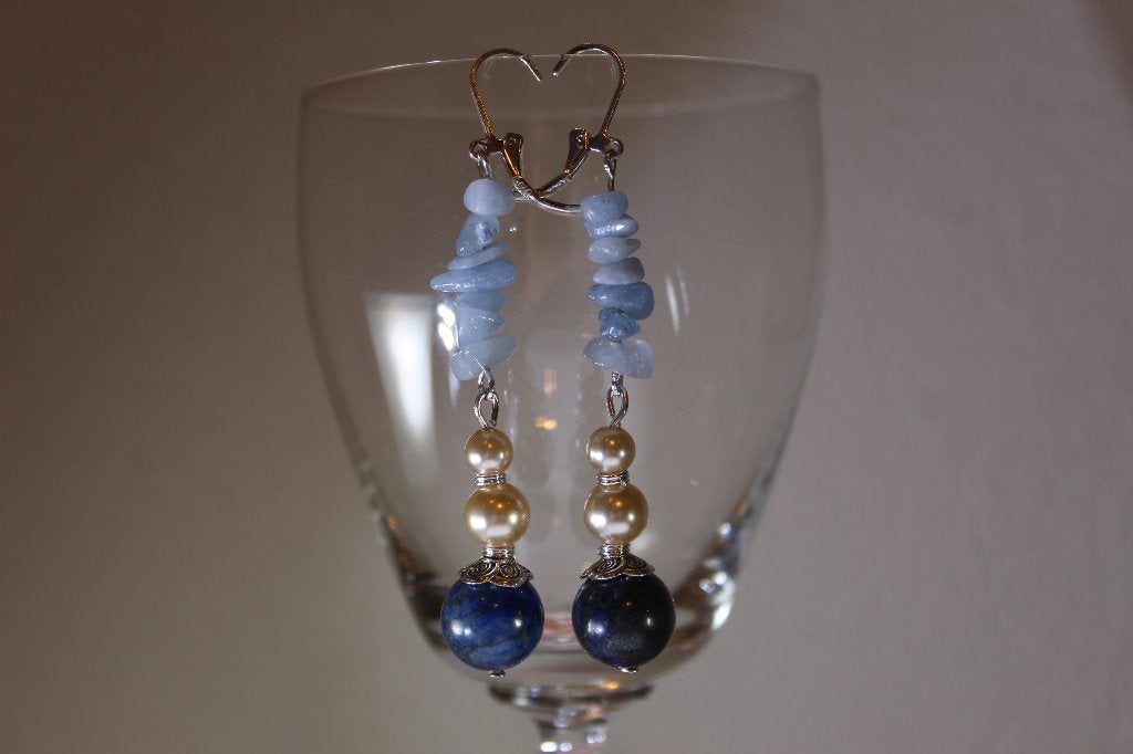 Oorbellen met Lapis Lazuli, Aquamarijn en Parels, Hangers, Blauw, Nieuw, Ophalen of Verzenden