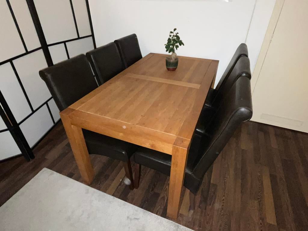 Grenen eettafel met 6 leren stoelen, Huis en Inrichting, Complete inboedels, Ophalen