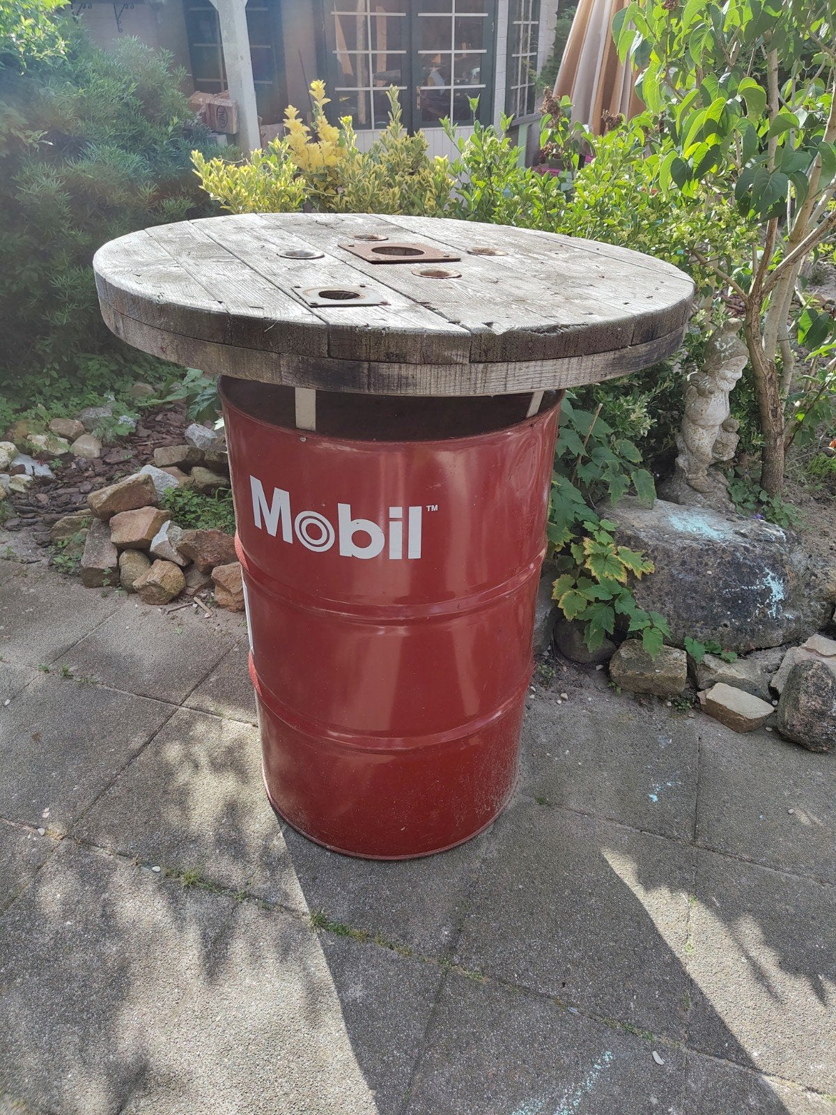Statafel van olievat en haspel, Ophalen, Gebruikt, Rond, Hout