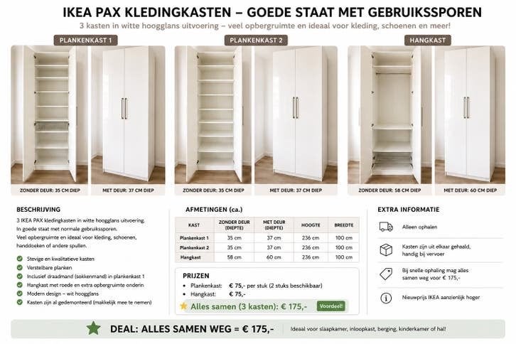 3x IKEA PAX kledingkasten wit hoogglans – goede staat, Ophalen, Voor 1940, Zo goed als nieuw, Overige onderwerpen