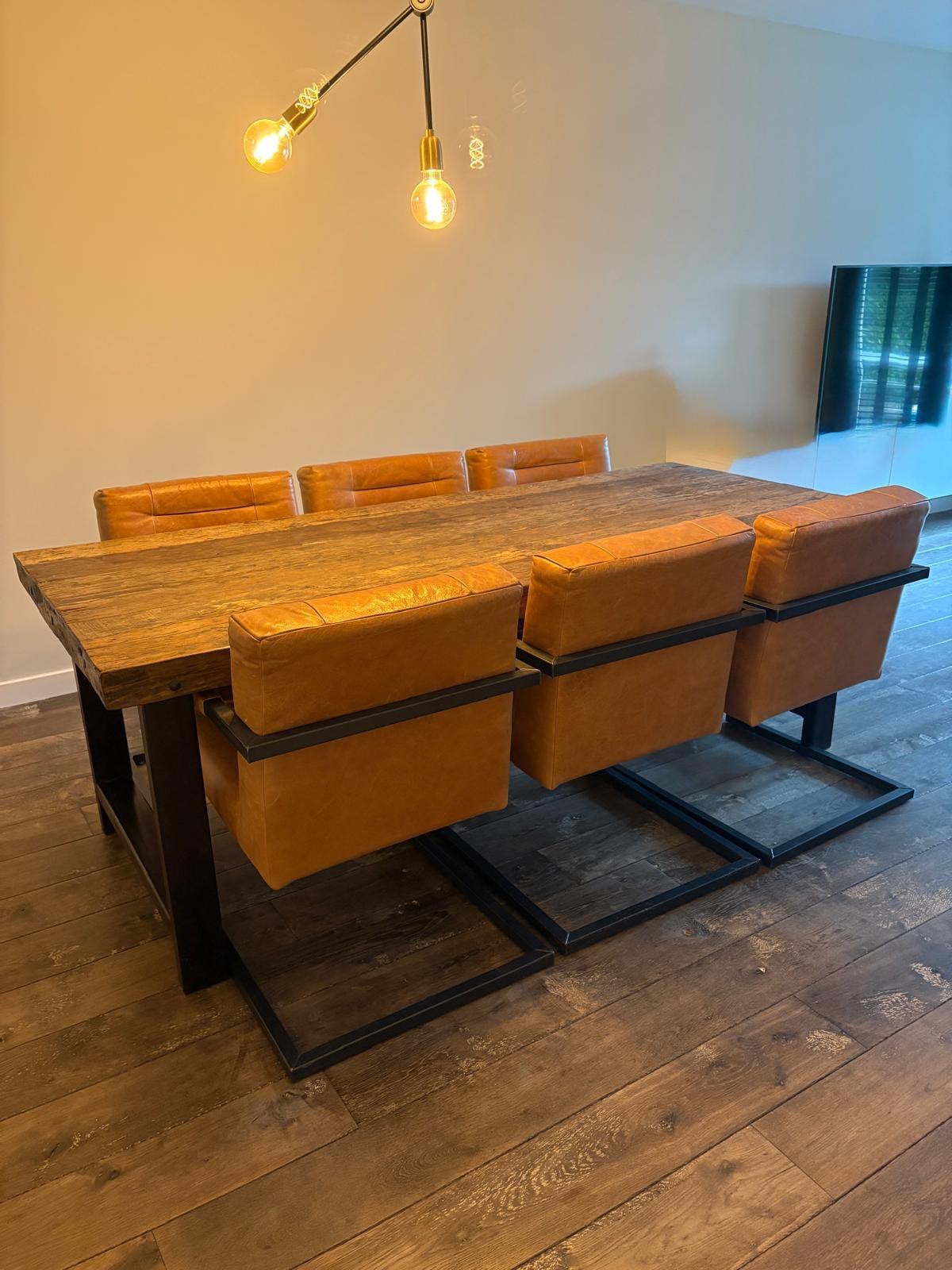 Robuuste eettafel met stoelen, Ophalen, Gebruikt, 200 cm of meer, 50 tot 100 cm