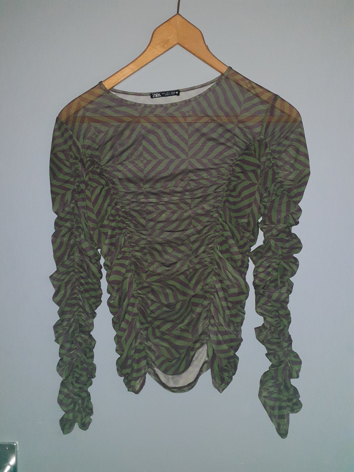 Zara Mesh Top met Ruches - Groen/Paars Patroon, Zara, Maat 42/44 (L), Ophalen of Verzenden, Zo goed als nieuw