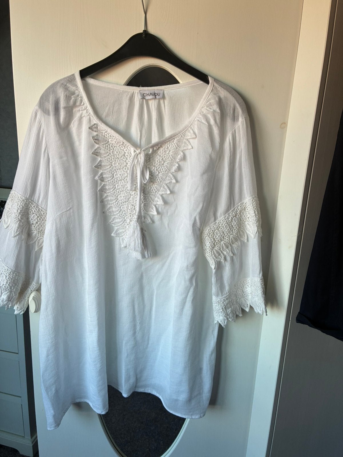 Mooie witte tuniek in ibiza stijl, Ophalen of Verzenden, Zo goed als nieuw, Maat 46/48 (XL) of groter, Wit