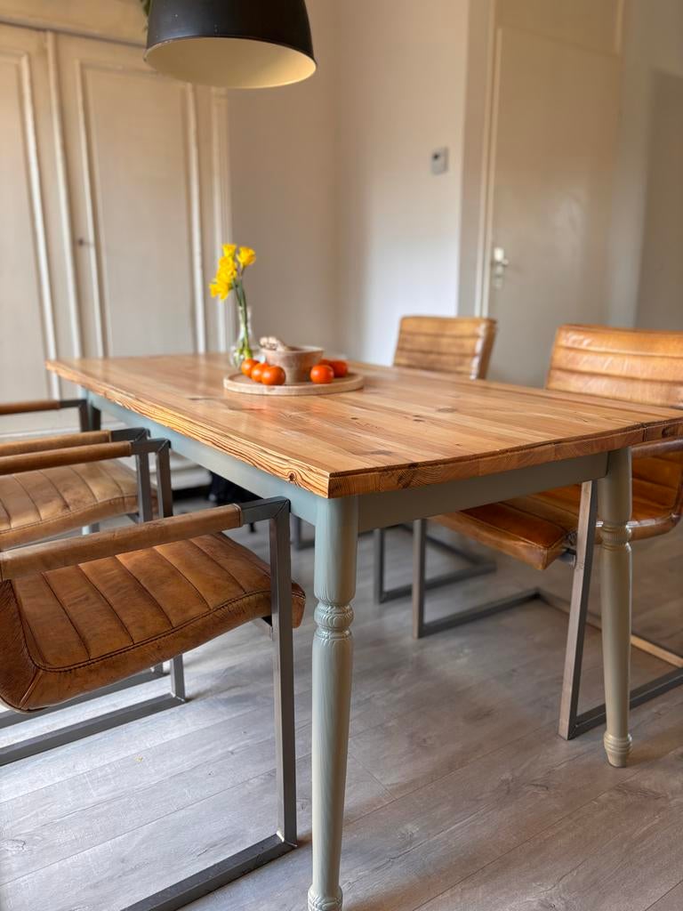Echt houten tafel 160 x 80 met Treron (lichtgroen) onderstel, Ophalen, Gebruikt, 50 tot 100 cm, 150 tot 200 cm