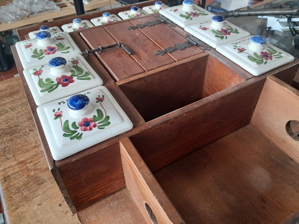 Vintage houten kruidenkastje keramiek lades  CS27345, Ophalen