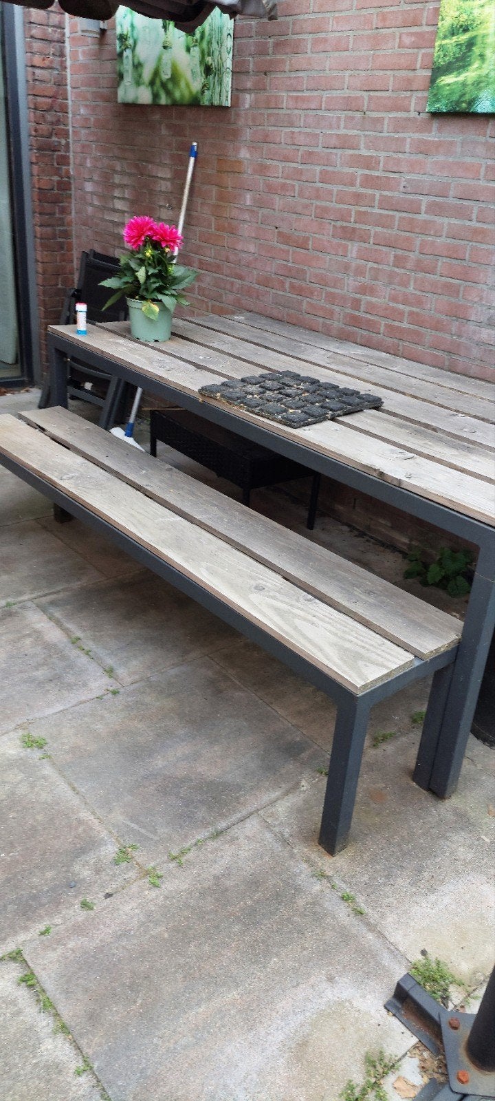 Robuuste picknicktafel met banken voor buiten, Tuin en Terras, Picknicktafels, Ophalen of Verzenden, Gebruikt, Rechthoekig, Hout