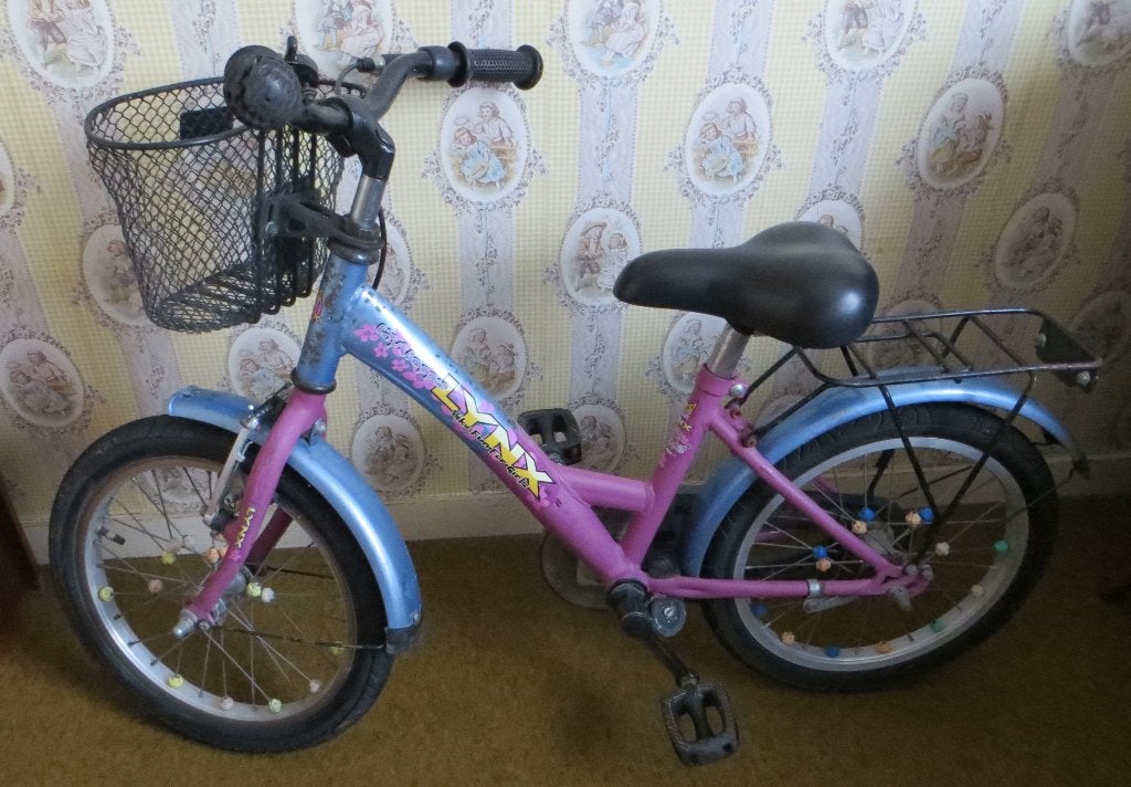 Meisjesfiets met mandje. Kinderfietsje. Merk Lynx, Terugtraprem, Gebruikt, Handrem, 16 inch