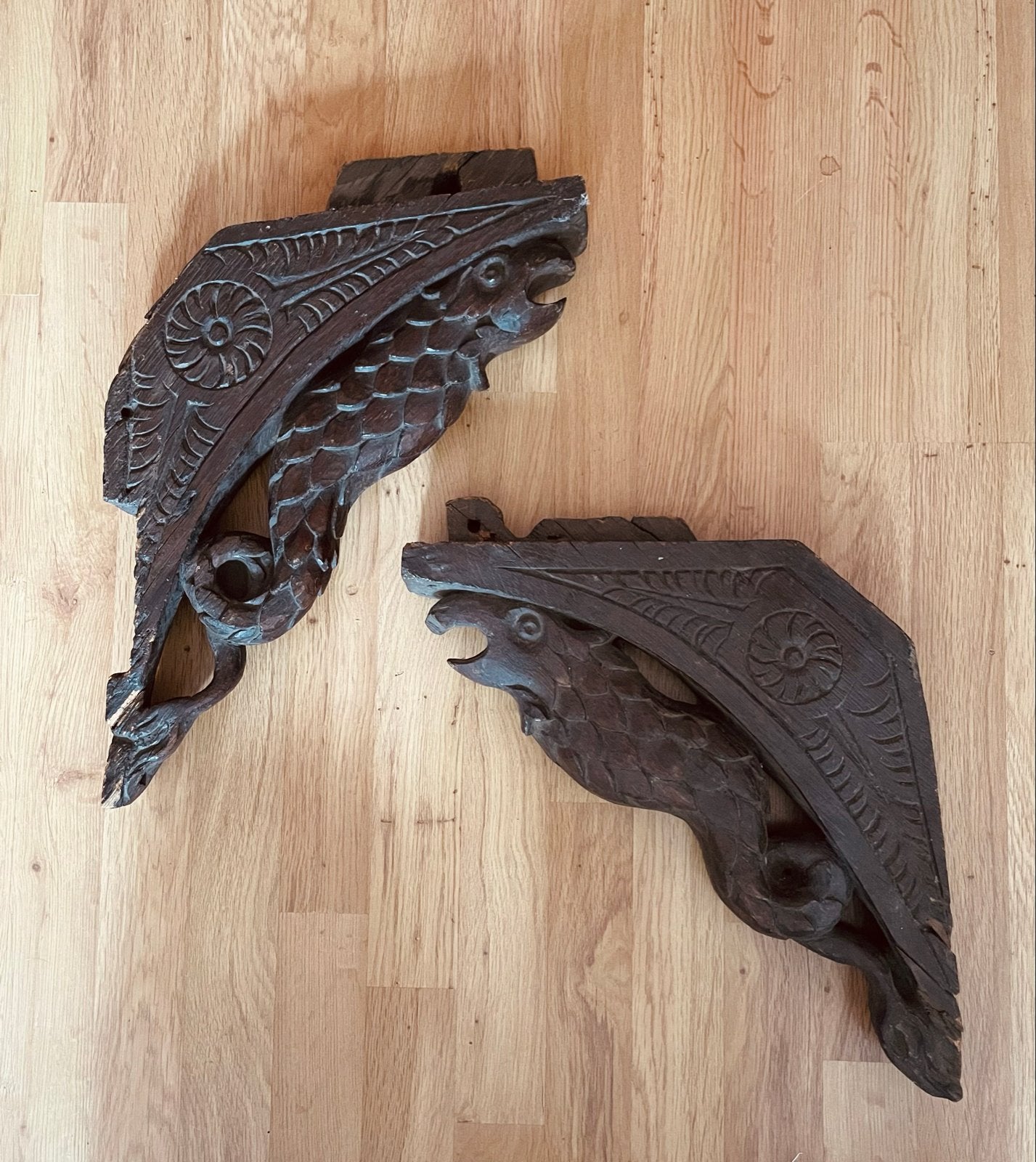 Set van 2 antieke houten draken/zeepaard consoles, Ophalen of Verzenden