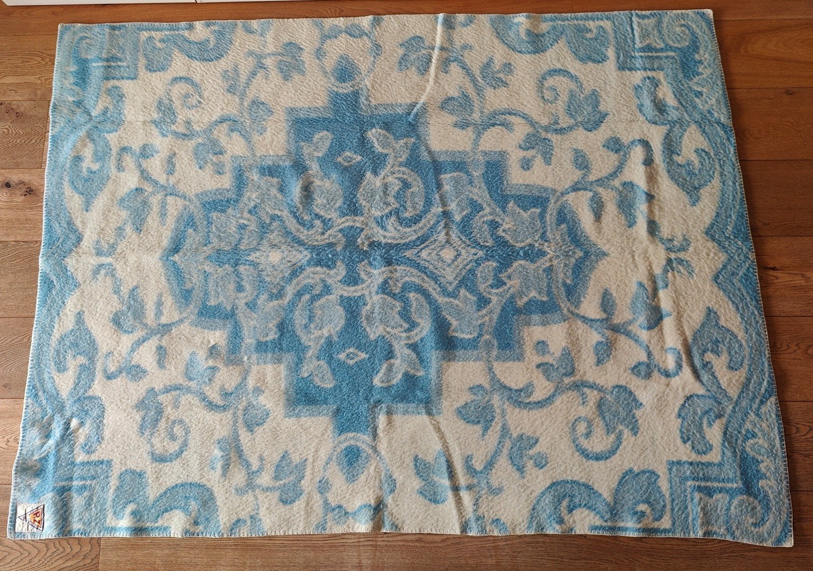 Vintage wollen deken PvZ blauw/wit damast, Gebruikt, Wol, 200 cm, 148 cm