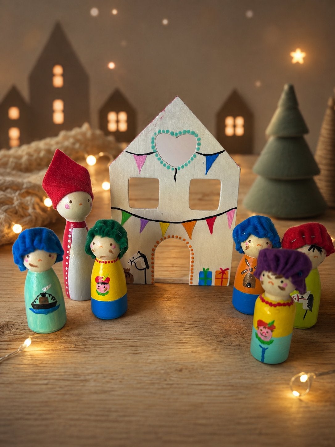 Handgeschilderde sint/piet Pegdolls met huisje, Ophalen of Verzenden, Nieuw