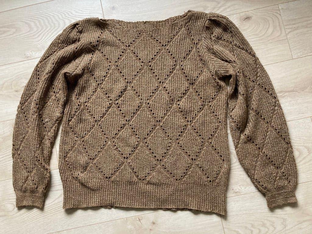lichtbruine ajour trui met zilverdraad maat 46, Kleding | Dames, Ophalen of Verzenden, Gedragen, Maat 46/48 (XL) of groter, Bruin