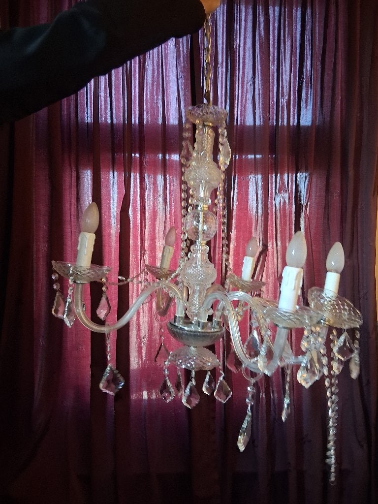 HANGLAMP, MET 5 ARMEN, HELDER GLAS, Huis en Inrichting, Ophalen, Klassiek, E14 (klein), Glas