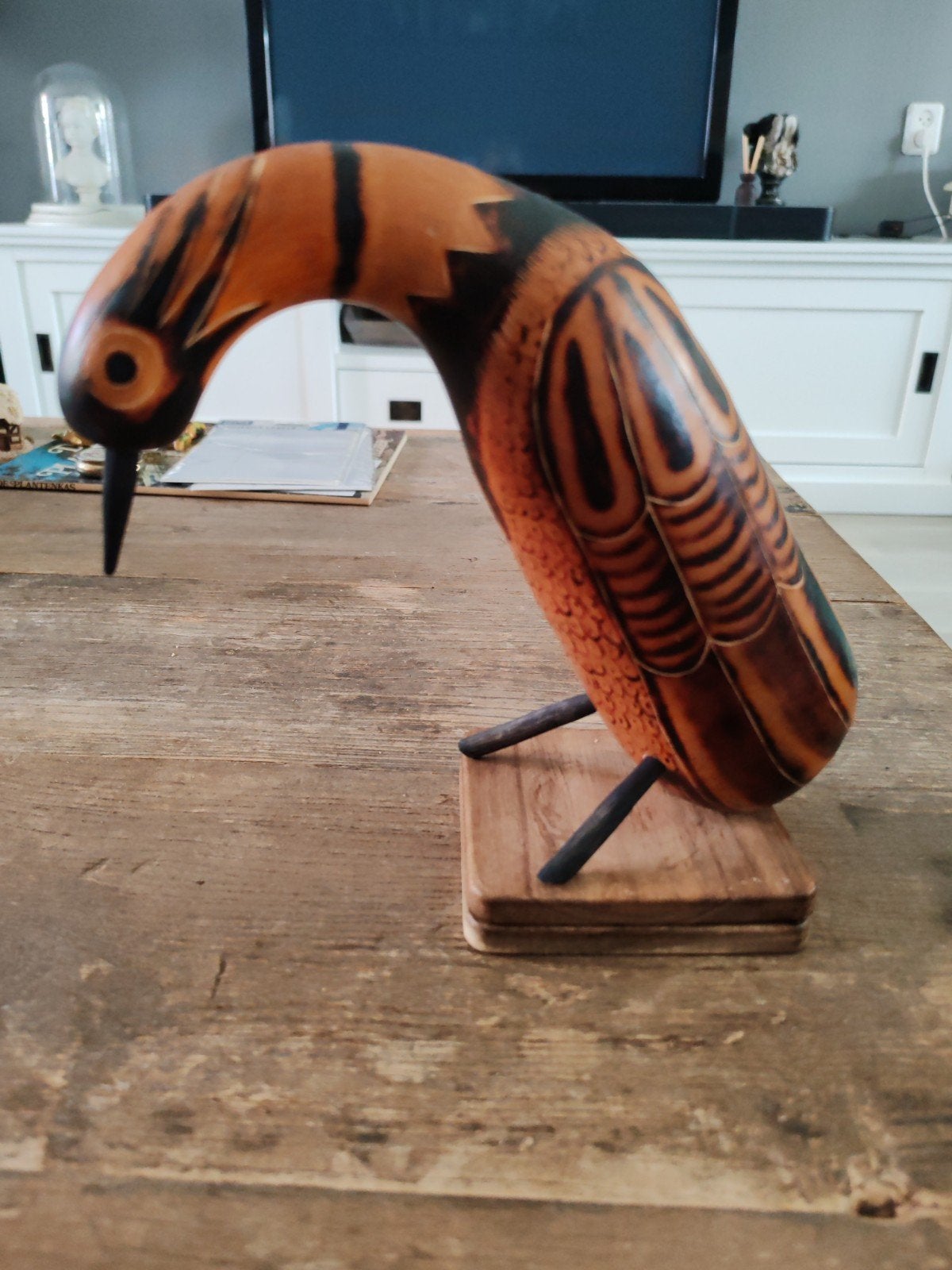 Handgesneden Peruviaans vogelbeeldje van kalebas, 21 cm, Antiek en Kunst, Ophalen of Verzenden