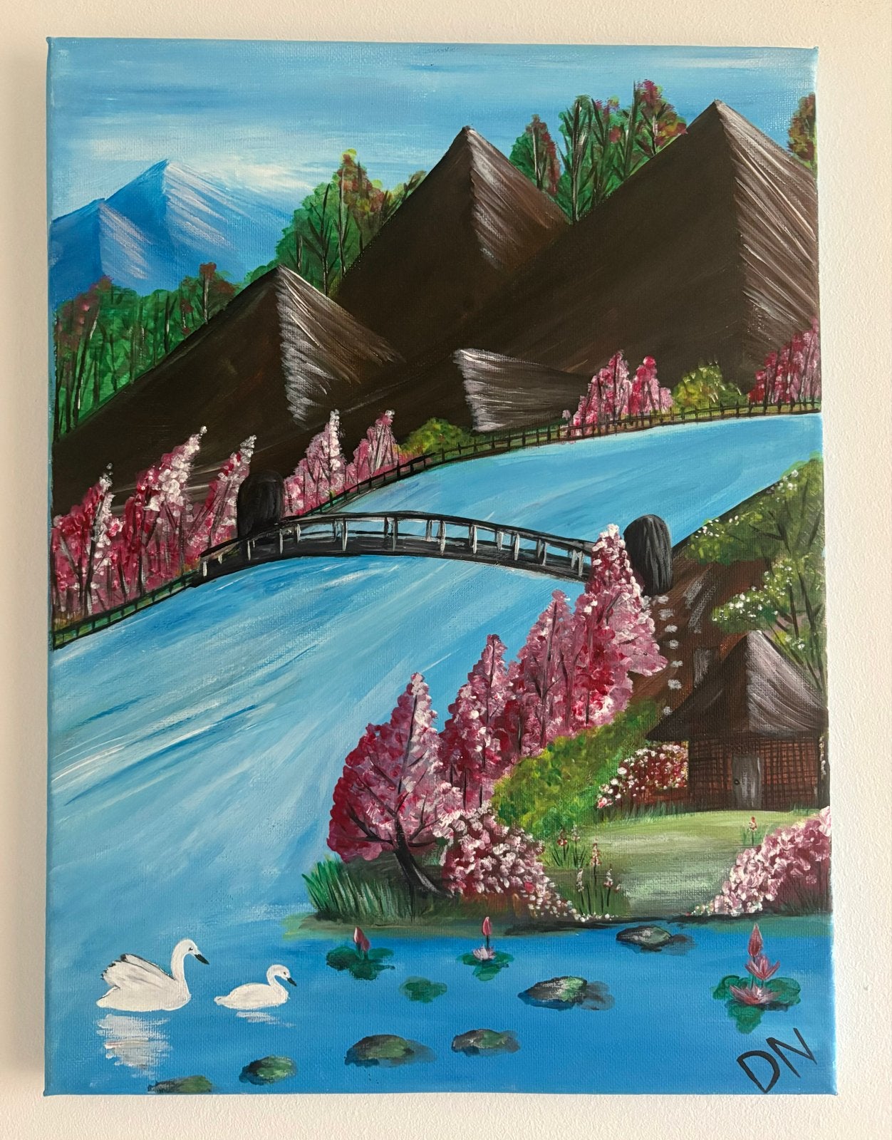 Schilderij: Japanse tuin met zwanen en kersenbloesem, Landschap, Acrylverf, Handgeschilderd, Ophalen of Verzenden