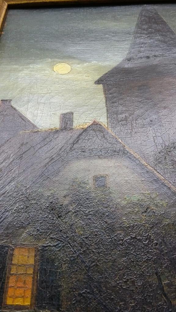 Jaar 1908 Schilderij Kerkdorp bij Maanlicht J. BARTELS, Antiek en Kunst, Ophalen of Verzenden
