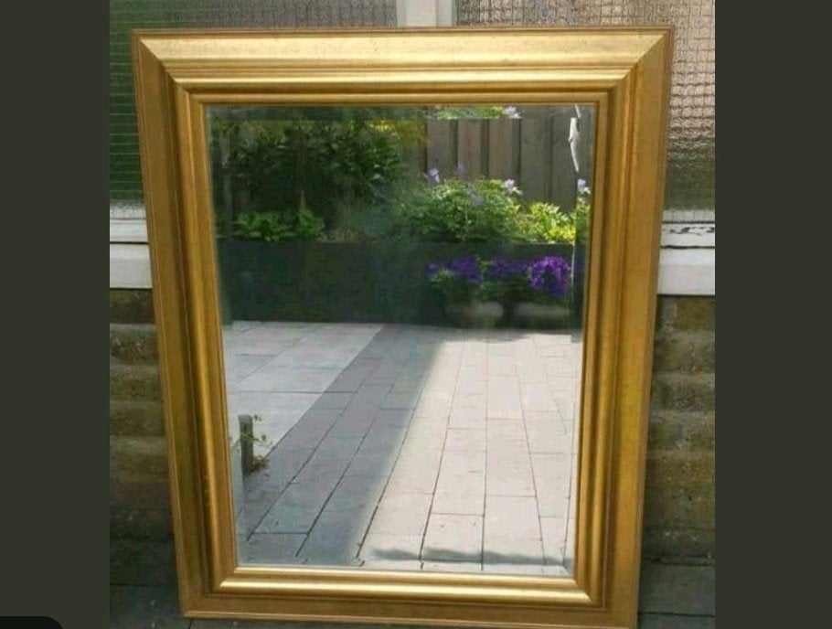 Grote goudkleurige spiegel met facet geslepen glas, Ophalen, Rechthoekig, 50 tot 75 cm, Minder dan 100 cm