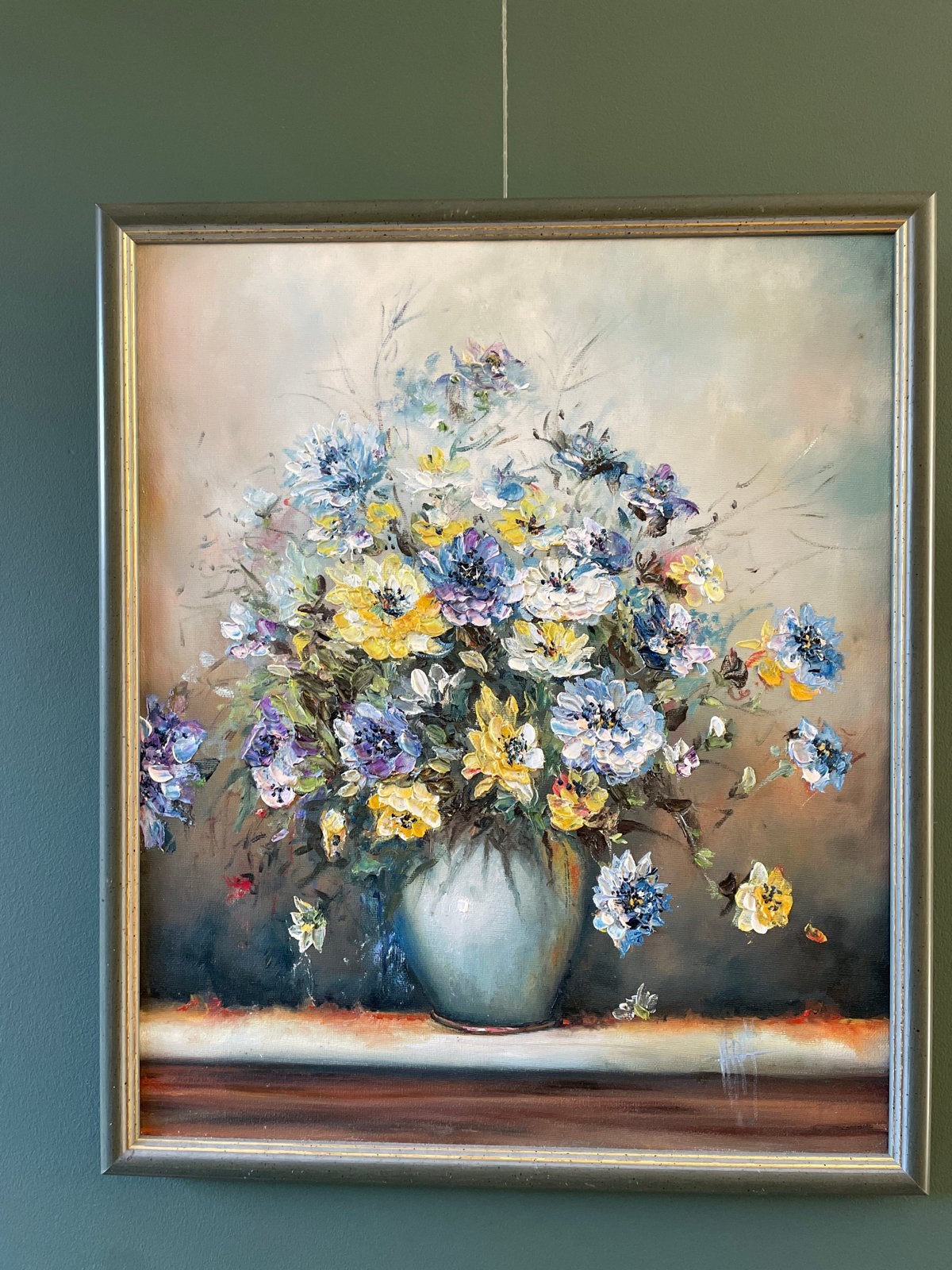 Schilderij met bloemen in vaas - Olieverf op doek, Bloemen, Doek, Realistisch, Ophalen of Verzenden